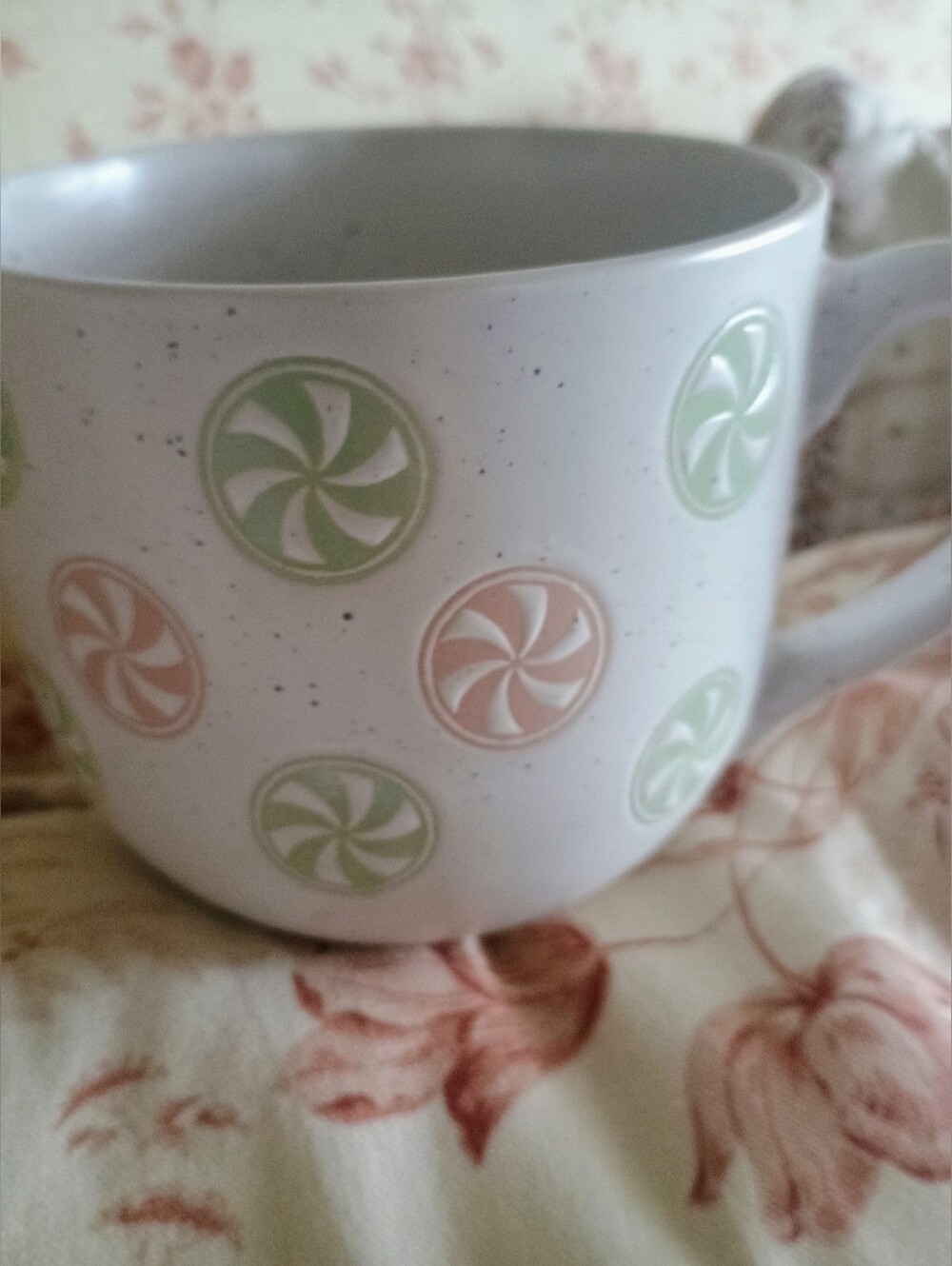Neutral Ceramic Mug with Mint and Peach Candy Dot Pattern